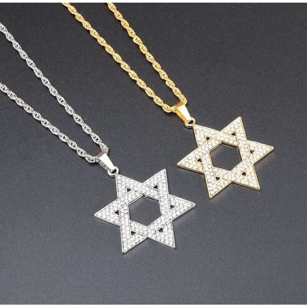 LARGE pendant Jewish Star crystals Magen David Necklace for Men and Women Gold